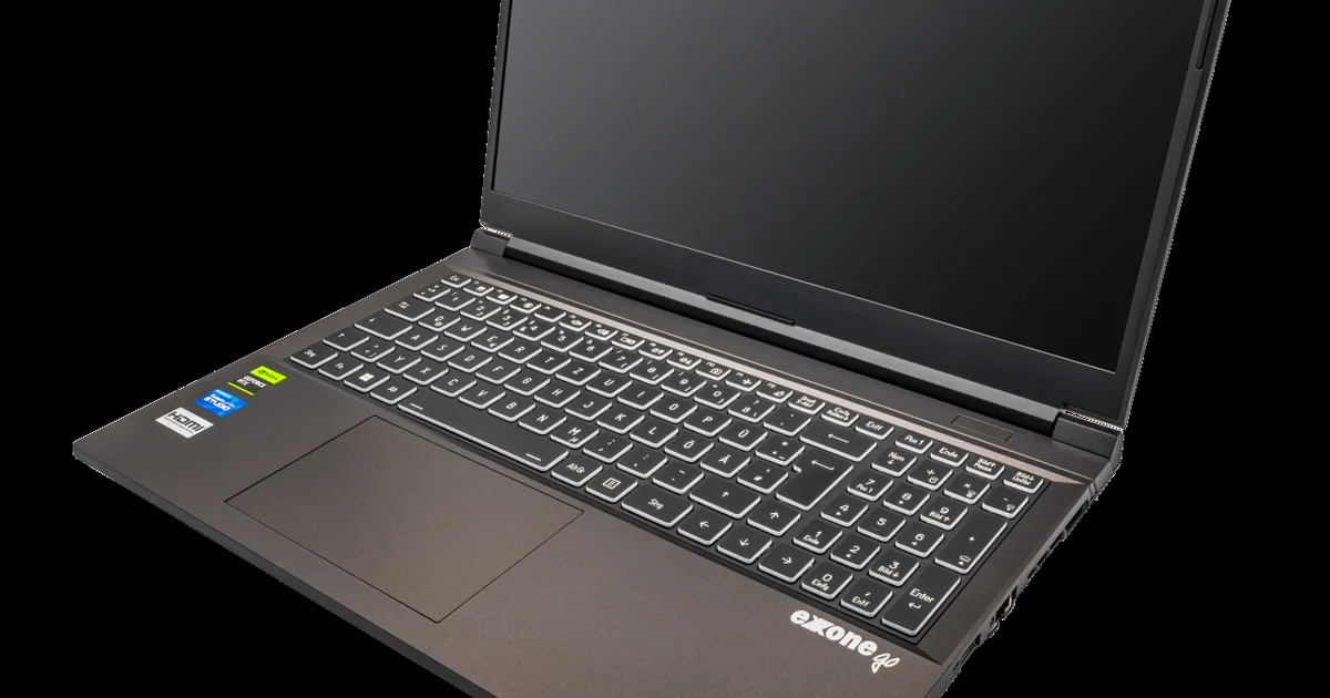 Oblique view of a work laptop of the laptop brand "exone go" from "EXTRA Computer GmbH". It is a mid-range laptop with hardware from around 2022.